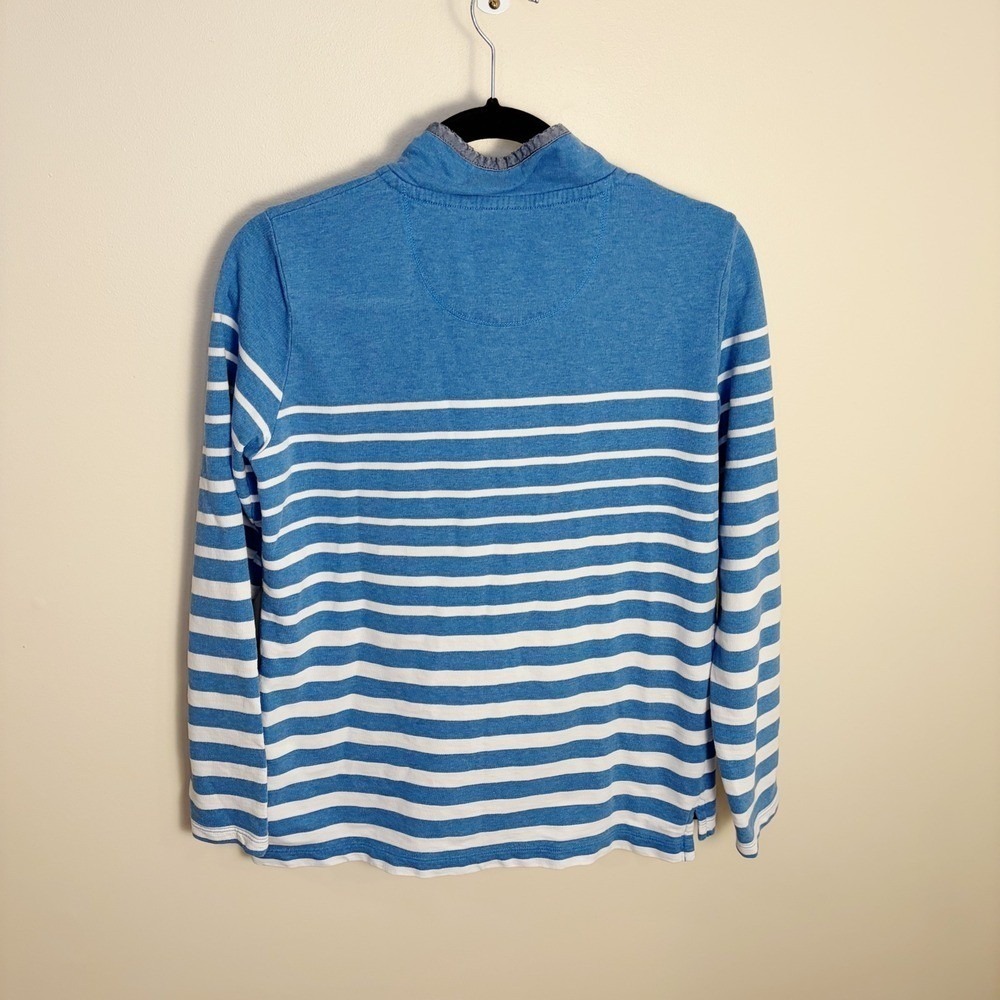 LL Bean Pullover Women S Blue White Striped Logo Button Mock Neck Sweatshirt - Picture 2 of 8